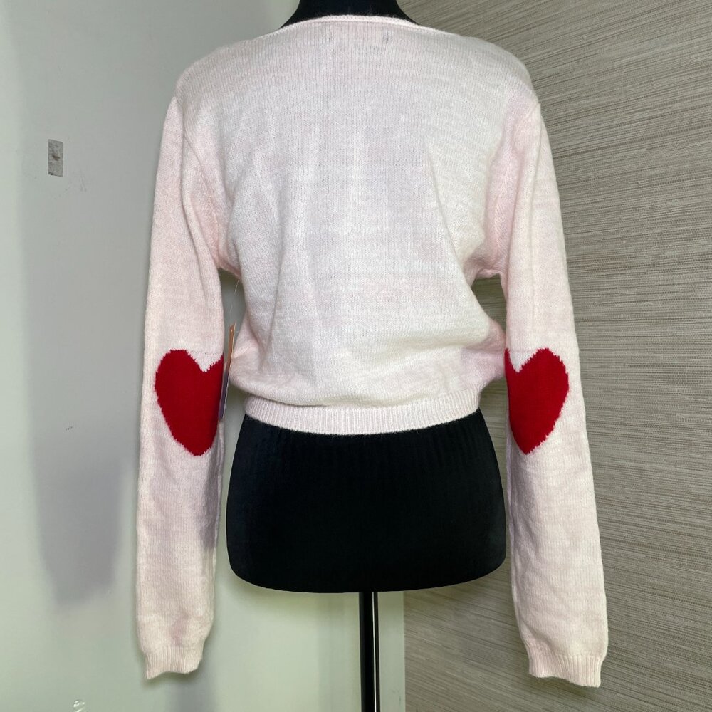 NWT Women's Large Witty Fox Baby Pink Cropped Sweater w/ Red Heart Sleeves